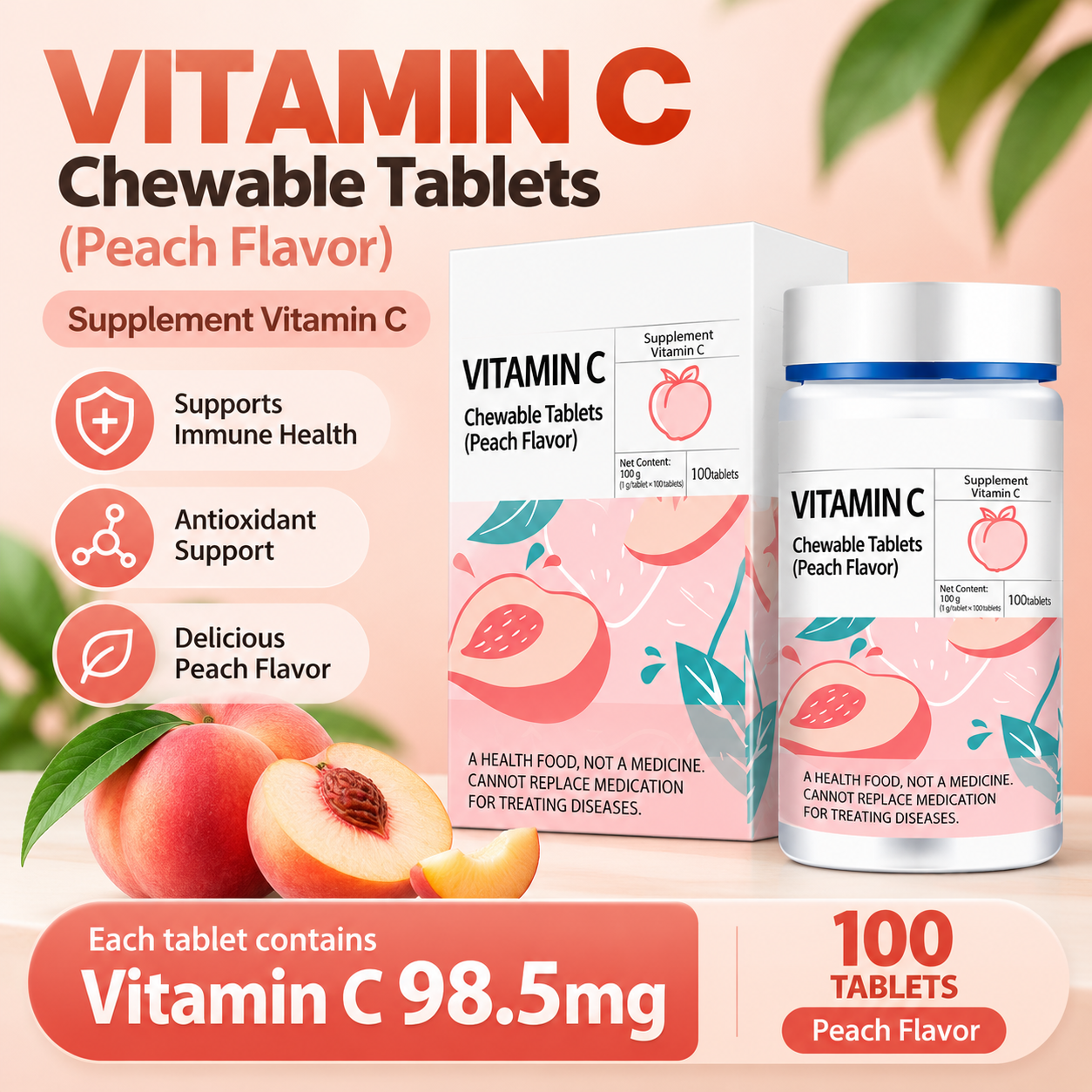 098d194f-be92-452e-af62-736b053f9c71 Vitamin C Chewable Tablets – Peach Flavor, 100 Count - Image 1