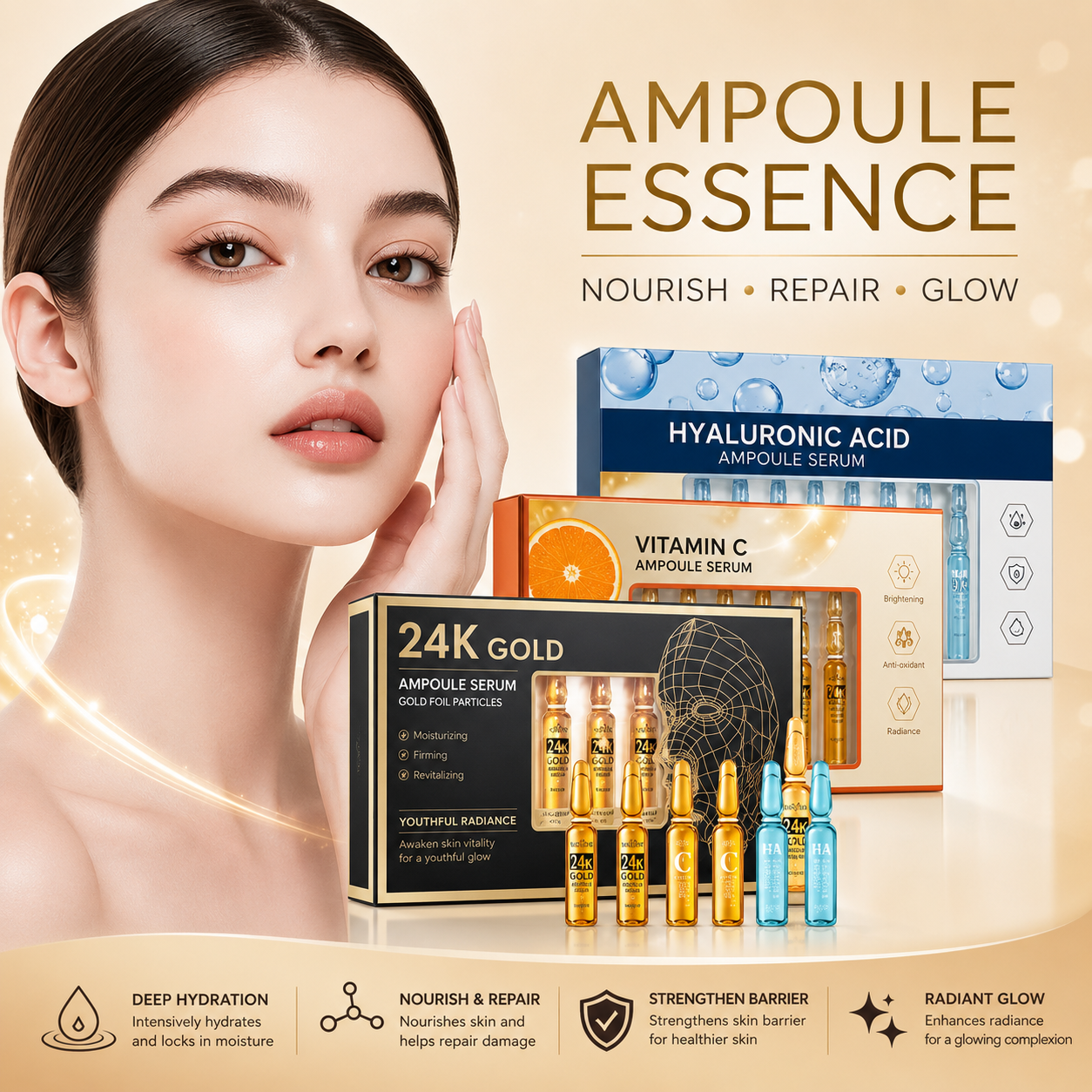 298a9b7a-b3ac-4b8d-944f-c6661a857162 Facial Ampoule Serum Set – Hyaluronic Acid, Vitamin C & 24K Gold - Image 1