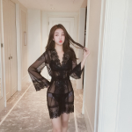 Women’s Sheer Lace Robe – Floral Mesh Lingerie Kimono with Belt - Image 3