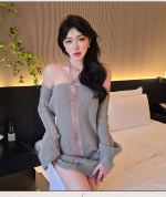 Women’s Off Shoulder Knit Mini Dress – Lace-Up Sweater Lingerie - Image 3