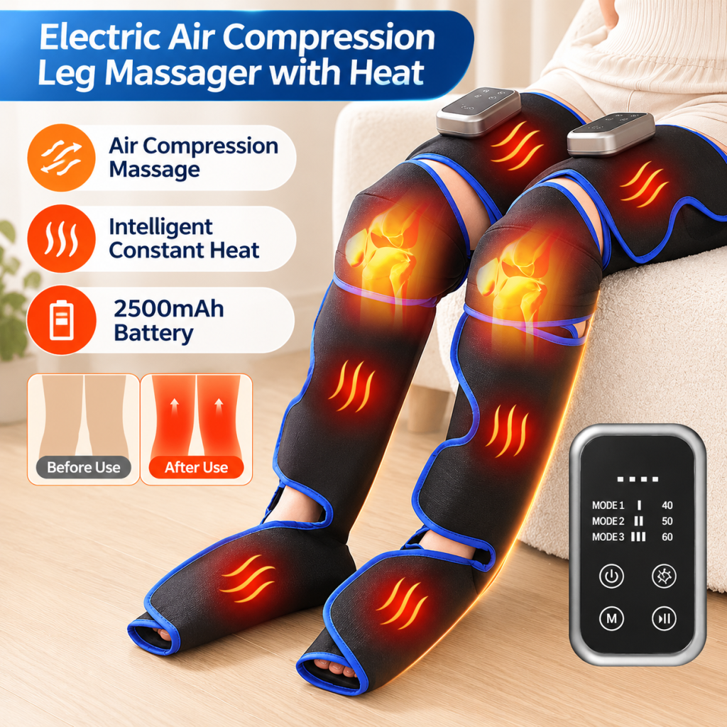 Air compression leg massager with heat
