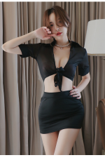 Conjunto de lencería transparente para mujer con lazada delantera – Blusa corta, minifalda y tanga - Imagen 3