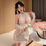 Women’s White Lace Cutout Knit Lingerie Dress with Stockings