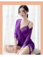 Ensemble lingerie kimono en dentelle pour femme – Babydoll en tulle transparent avec ceinture & slip – Image 4