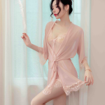 Women’s Lace Robe Lingerie Set – Sheer Mesh Babydoll with Belt & Panty