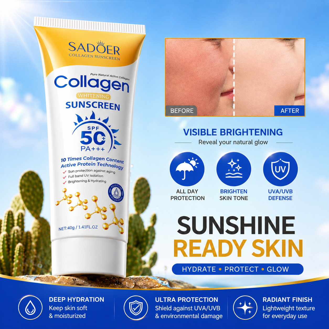 c43b5245-c413-4680-a7e1-0229c2cac581 Collagen Sunscreen SPF 50+ PA+++ 40g – Hydrating Face & Body Sun Cream - Image 1
