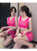 Women’s Hot Pink Fishnet Lingerie Set – Mesh Crop Top & Mini Skirt - Image 2