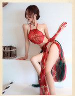 Women’s Chinese Style Halter Lingerie Set – Red Floral Three Piece Set - Image 6