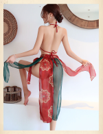 Women’s Chinese Style Halter Lingerie Set – Red Floral Three Piece Set - Image 2