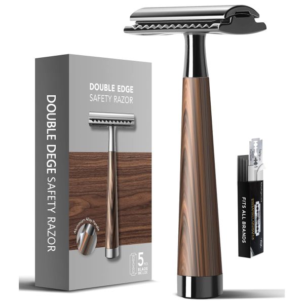 Double-edge safety razor with wood handle